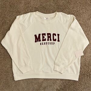 LC Lauren Conrad Cream Crewneck with Burgundy 'MERCI' Accent